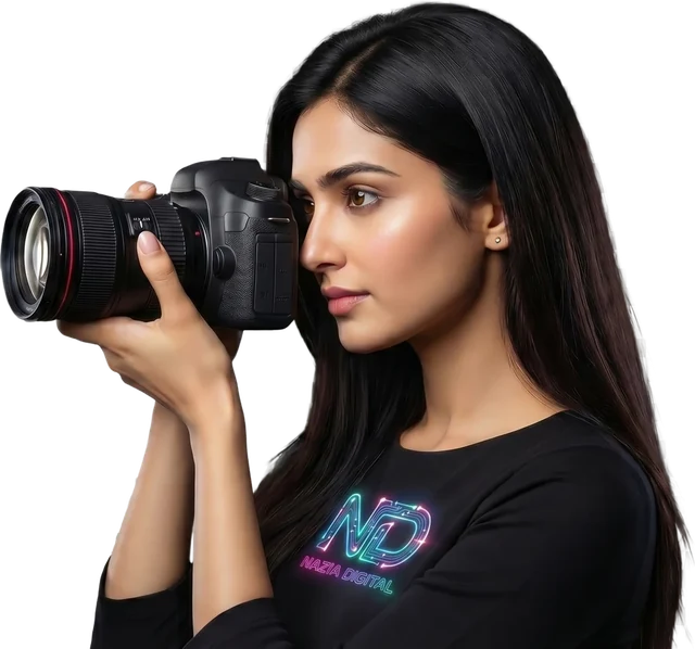 Nazia, AI video producer at Nazia Digital, holding a camera